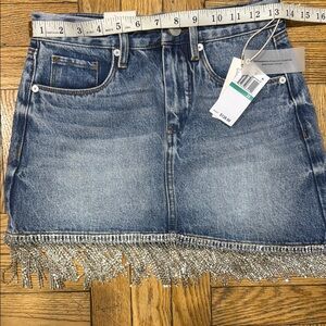 Blue mini a-line skirt with embellished frayed hem for casual night out